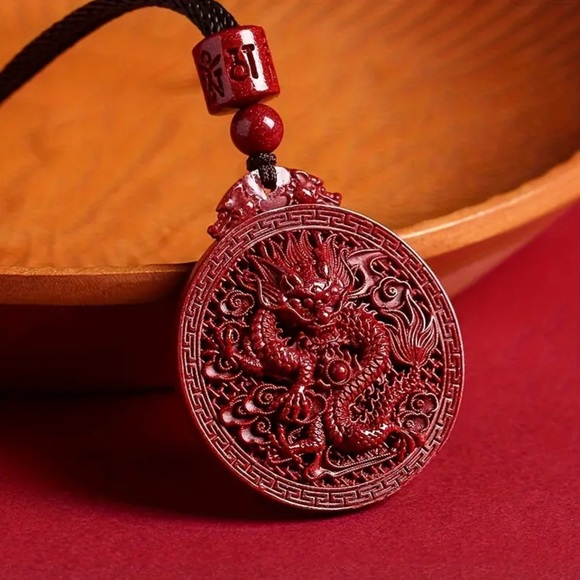 Year of the Dragon Cinnabar carved necklace - Picture 1 of 3